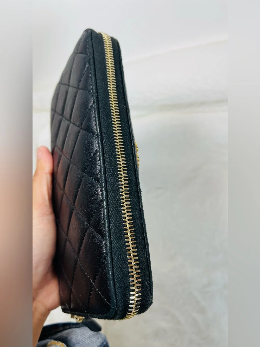 Chanel Authentic Quilted Black Leather Zip Wallet with Gold Chain Accent